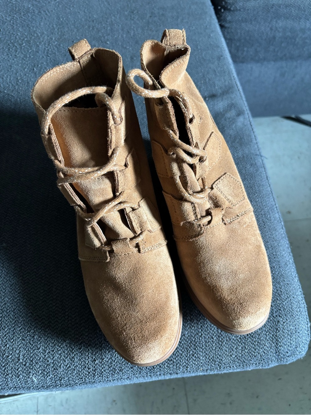 Sorel Evie Lace-Up Waterproof Suede Wedge Ankle Boots (Camel Brown, Size US 8